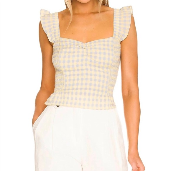 Heartloom (Revolve) Jacey Top in Maize (blue/yellow), ruffled straps, Size M - Picture 1 of 6